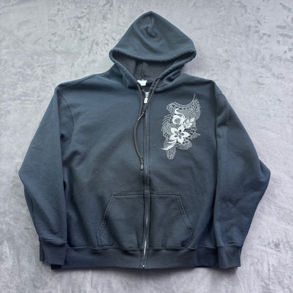 Y2K Vtg Gildan 3XL Black Full Zip Hoodie Polynesian Tribal Floral Graphic Fleece